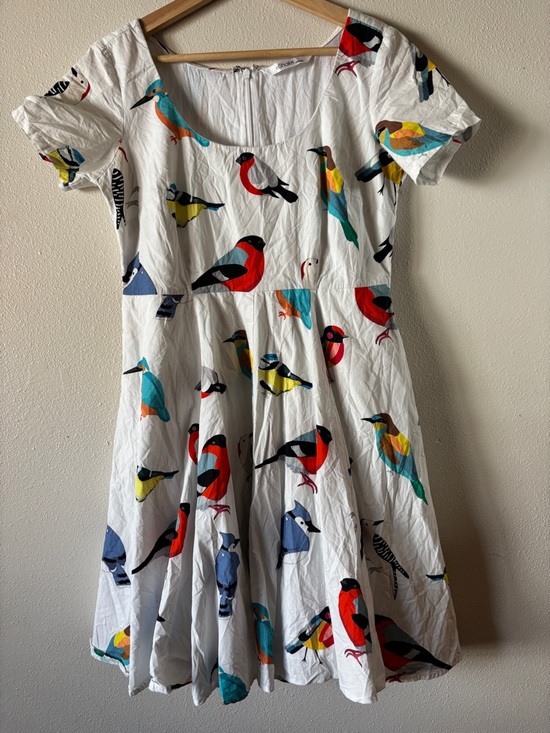eshakti Dresses & Skirts - Eshakti White Retro Short Sleeve Bird Print Eclectic Dress